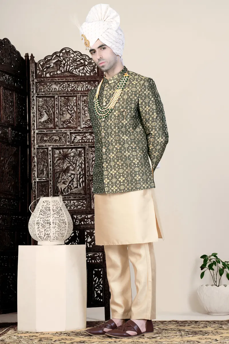 Kelp Green And Fawn Brown Jacquard Weave Cross Placket Bandhgala Jodhpuri 11