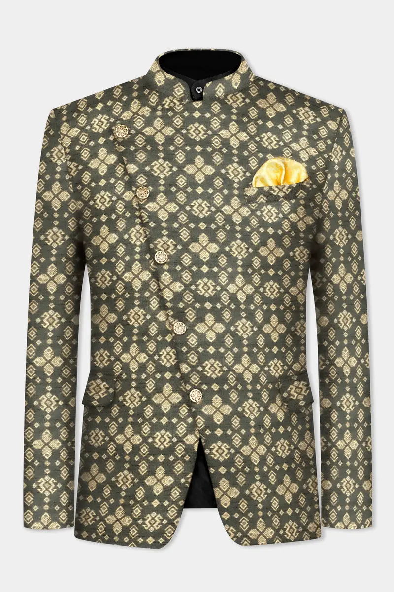Kelp Green And Fawn Brown Jacquard Weave Cross Placket Bandhgala Jodhpuri 2