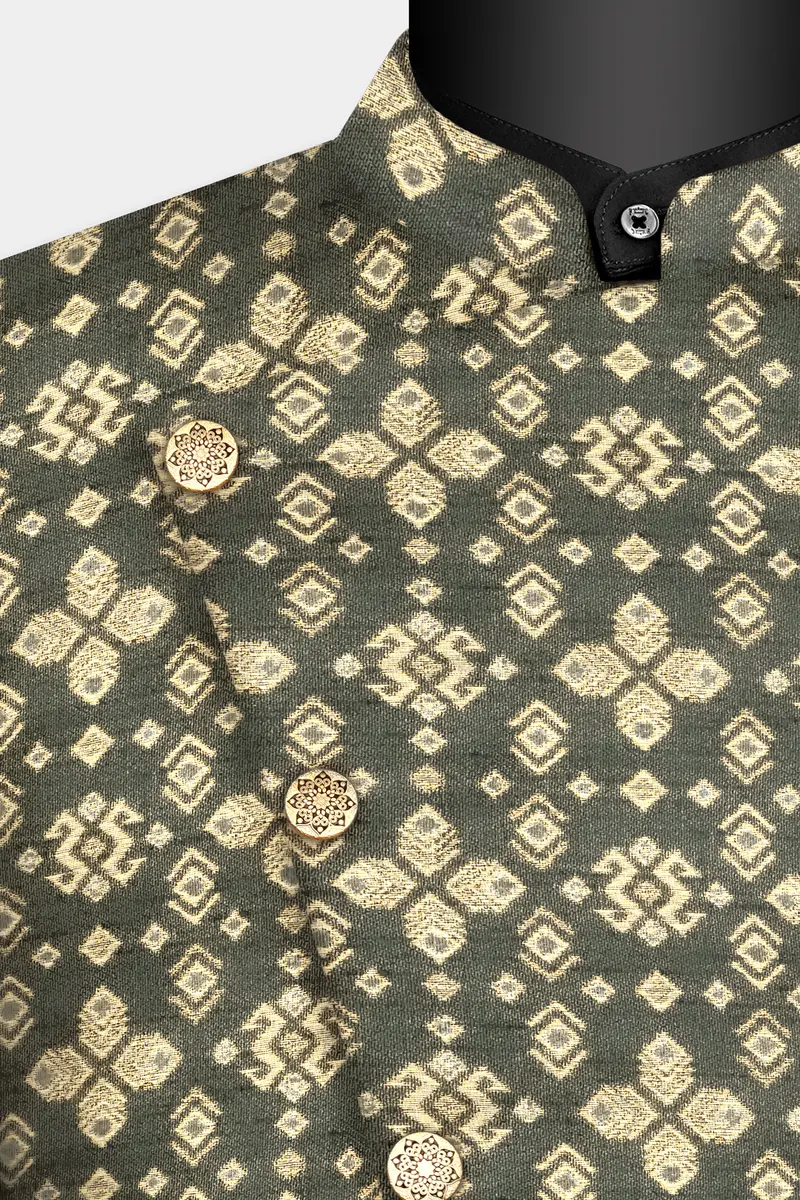 Kelp Green And Fawn Brown Jacquard Weave Cross Placket Bandhgala Jodhpuri 4