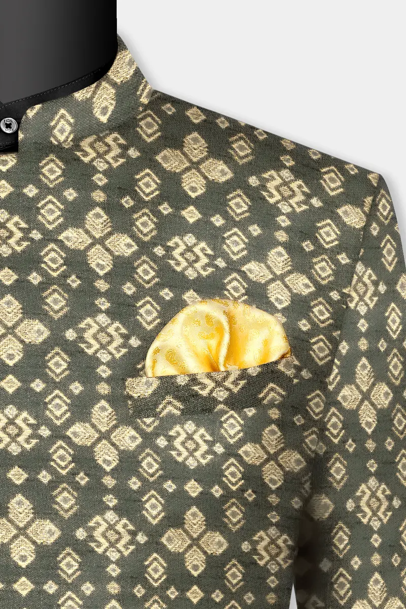 Kelp Green And Fawn Brown Jacquard Weave Cross Placket Bandhgala Jodhpuri 5