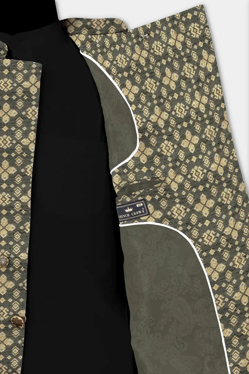 Kelp Green And Fawn Brown Jacquard Weave Cross Placket Bandhgala Jodhpuri 6