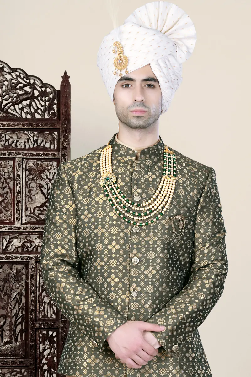 Kelp Green And Fawn Brown Jacquard Weave Cross Placket Bandhgala Jodhpuri 7
