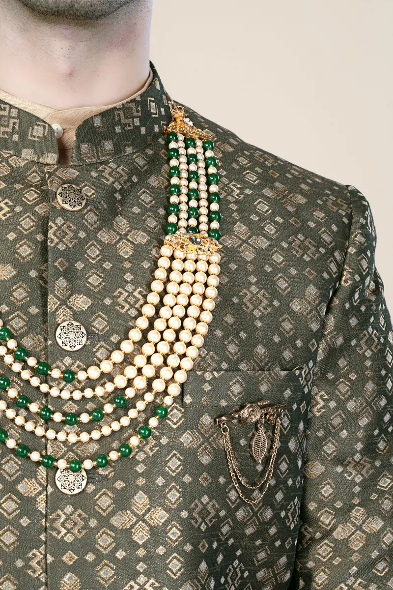 Kelp Green And Fawn Brown Jacquard Weave Cross Placket Bandhgala Jodhpuri 8