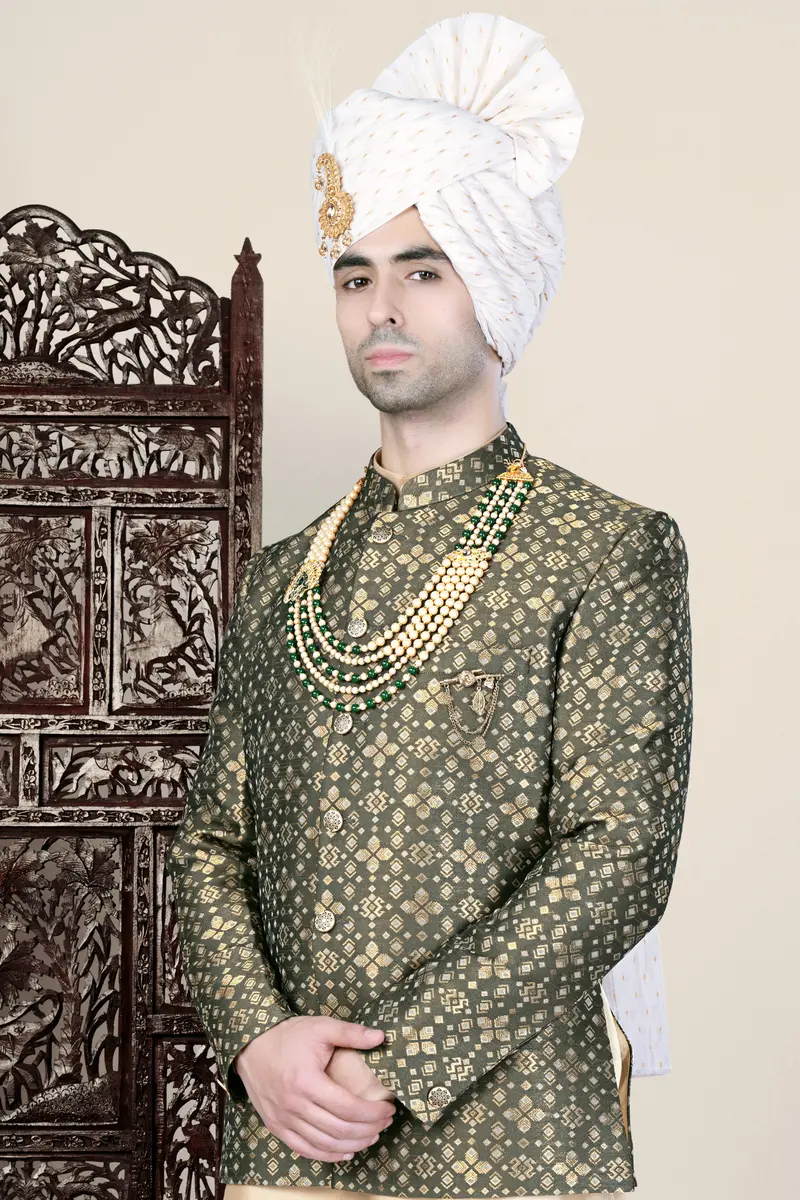 Kelp Green And Fawn Brown Jacquard Weave Cross Placket Bandhgala Jodhpuri 9