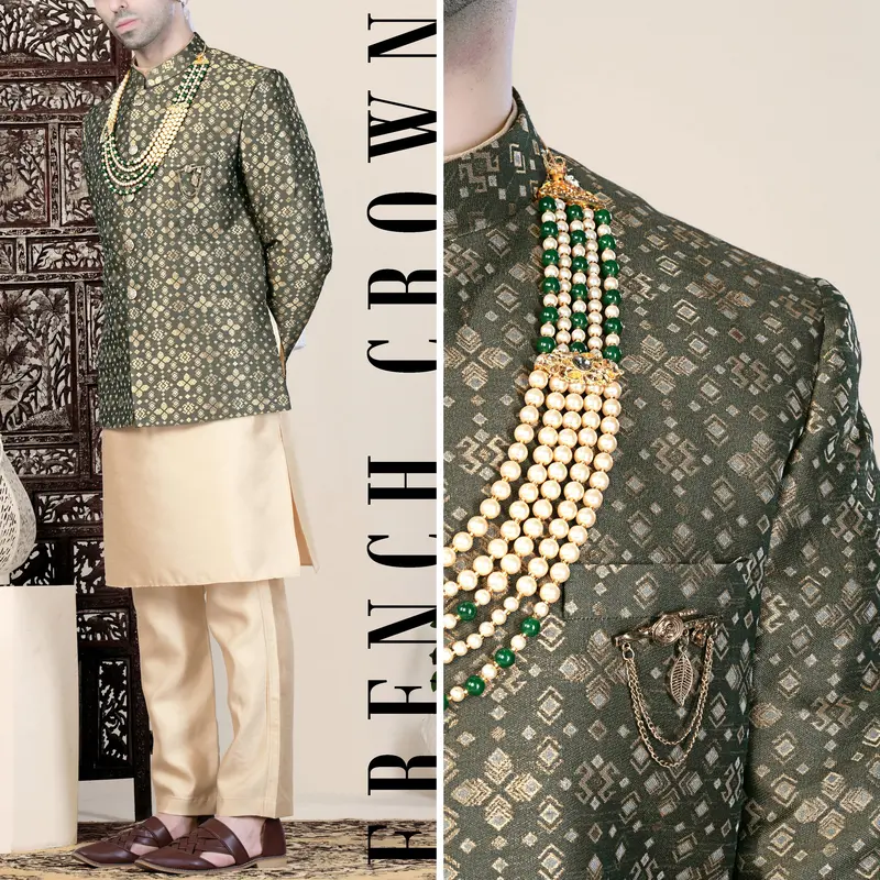 Kelp Green And Fawn Brown Jacquard Weave Jodhpuri 1