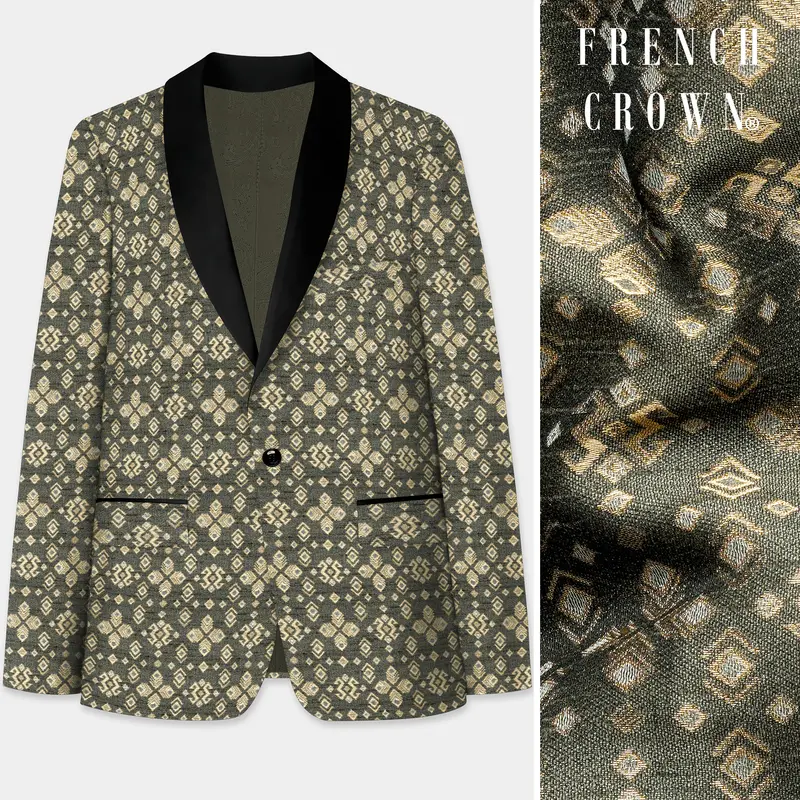 Kelp Green And Fawn Brown Jacquard Weave Tuxedo Blazer 1