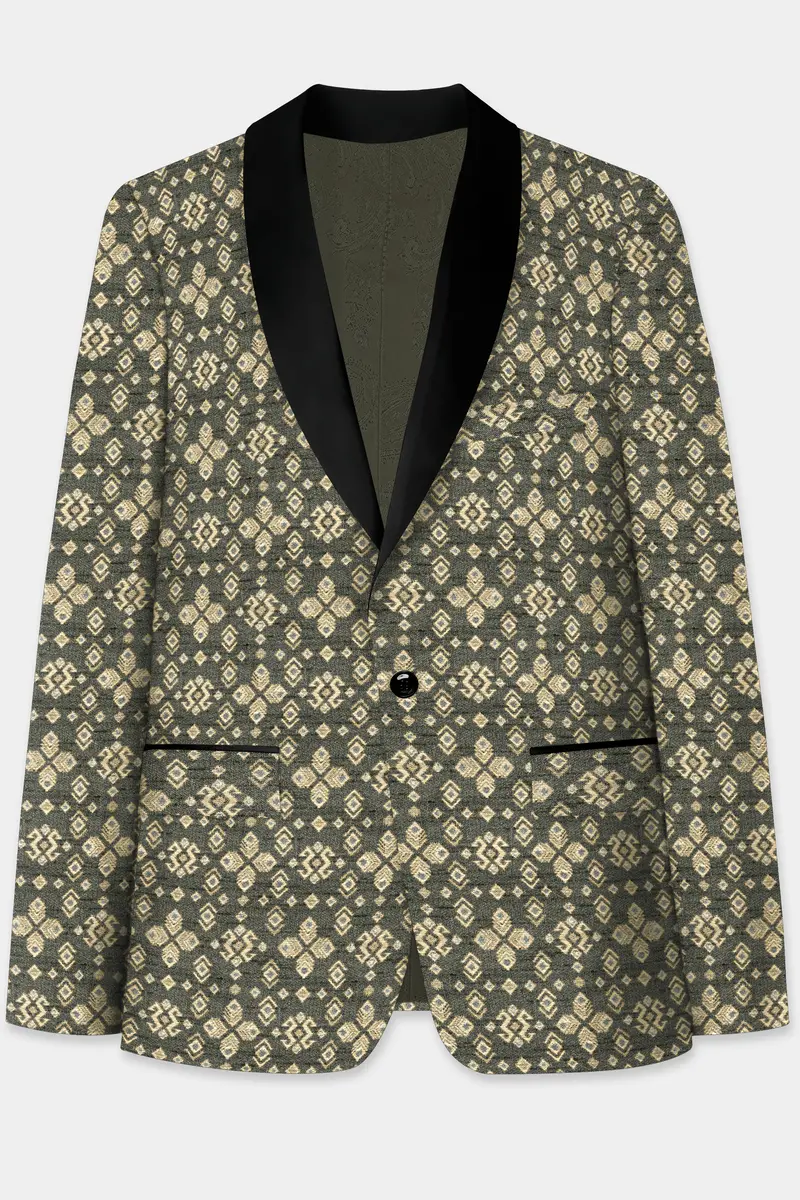 Kelp Green And Fawn Brown Jacquard Weave Tuxedo Blazer 2