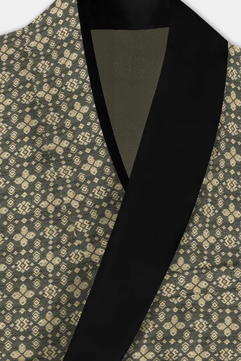 Kelp Green And Fawn Brown Jacquard Weave Tuxedo Blazer 4