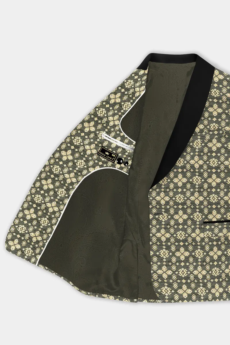 Kelp Green And Fawn Brown Jacquard Weave Tuxedo Blazer 5