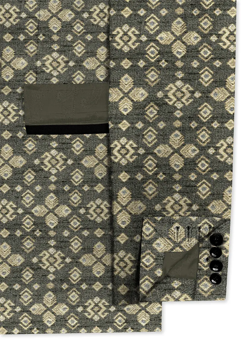 Kelp Green And Fawn Brown Jacquard Weave Tuxedo Blazer 6