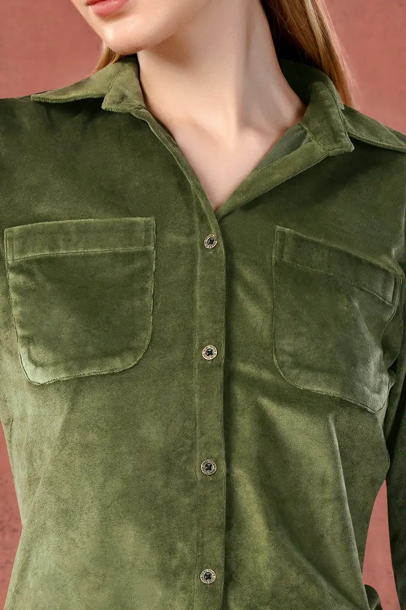 Kelp Green Velvet Designer Shirt 4