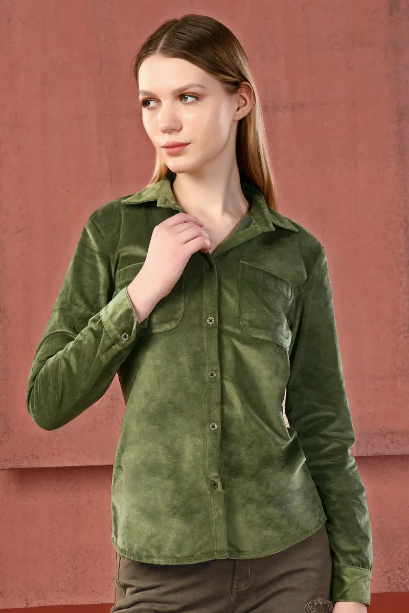 Kelp Green Velvet Designer Shirt 5