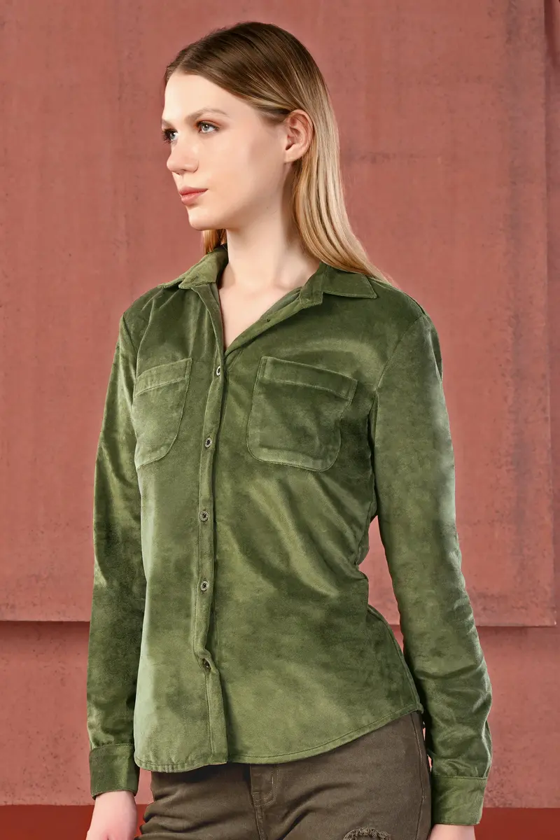 Kelp Green Velvet Designer Shirt 6
