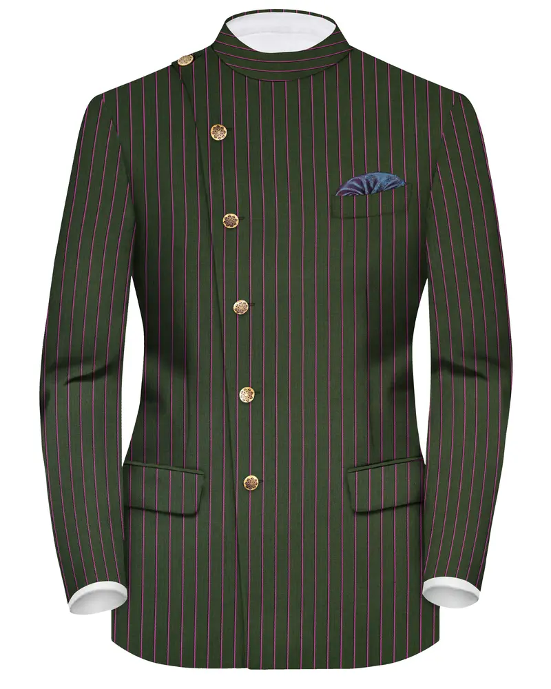 Kelp Green Woolrich Striped Cross Placket Bandhgala Blazer 1
