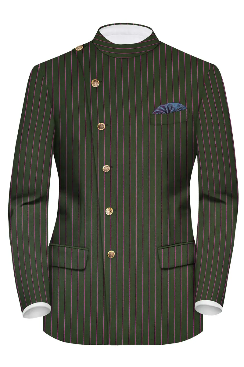 Kelp Green Woolrich Striped Cross Placket Bandhgala Blazer 2