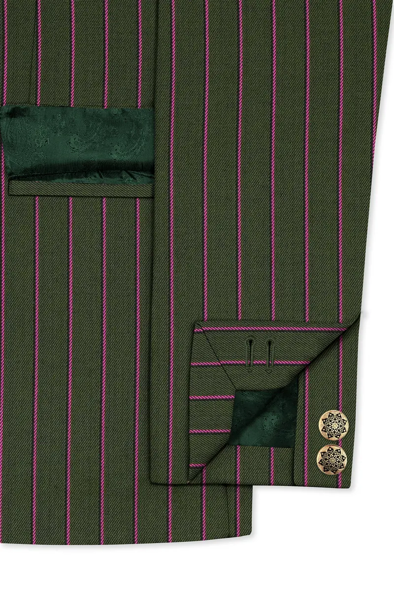 Kelp Green Woolrich Striped Cross Placket Bandhgala Blazer 5