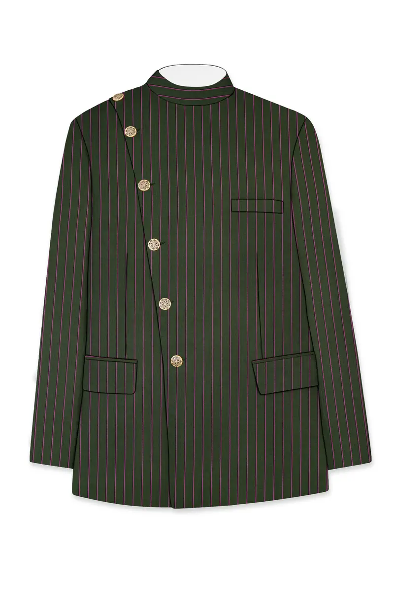 Kelp Green Woolrich Striped Cross Placket Bandhgala Blazer 6