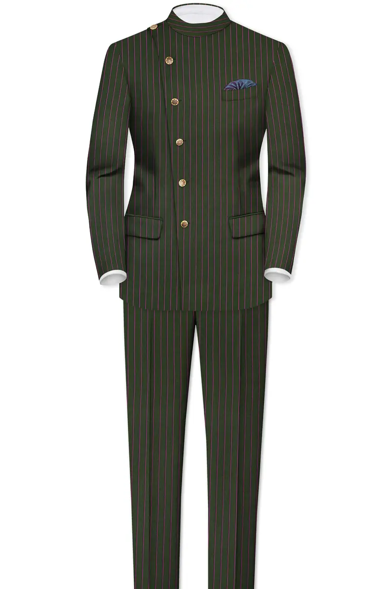 Kelp Green Woolrich Striped Cross Placket Bandhgala Blazer 8