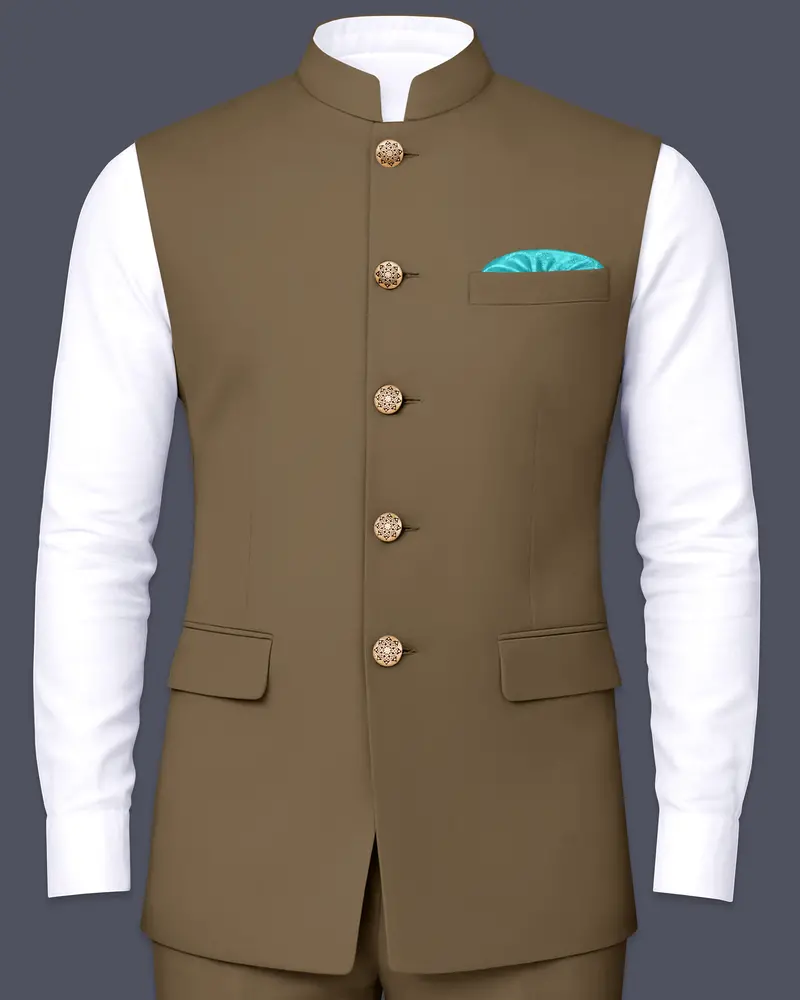 Khaki Brown Textured Nehru Jacket 1