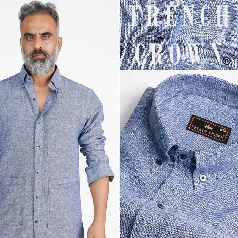 Kimberly Blue Luxurious Linen Button Down Designer Shirt 7