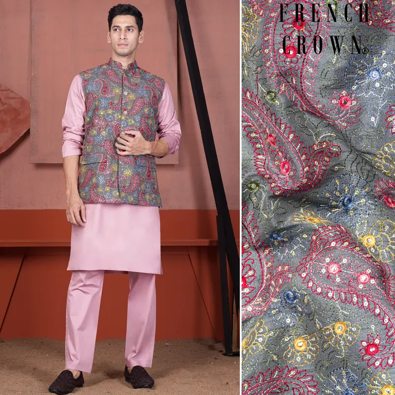 Kobi Pink Kurta With Nickel Gray And Brink Pink Paisley Cotton Thread Embroidered Designer Nehru Jacket 1