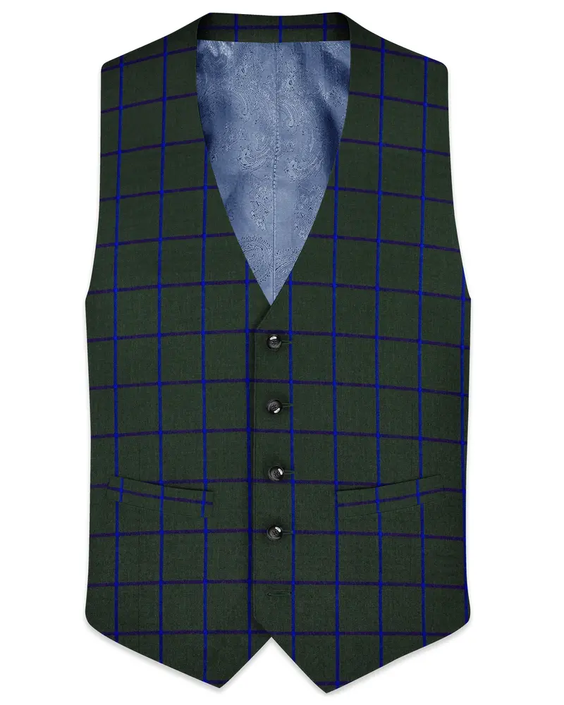 Kombu Green Checkered Wool Rich Waistcoat 1