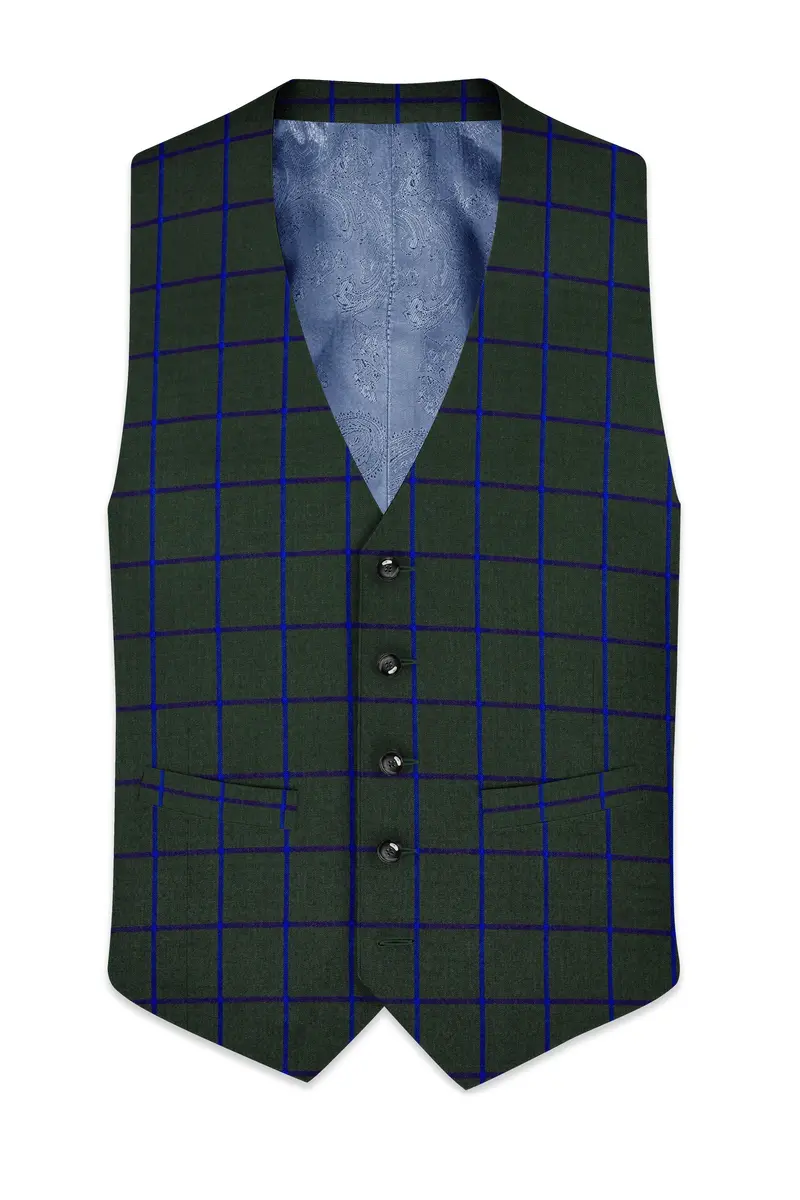 Kombu Green Checkered Wool Rich Waistcoat 2