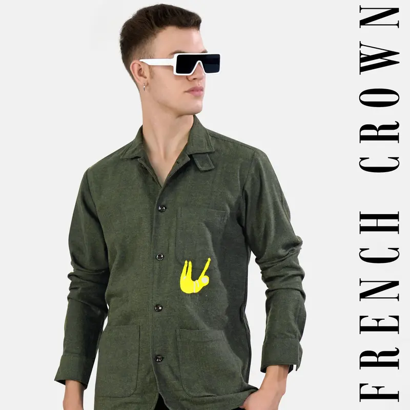 Kombu Green Embroidered Flannel Designer Overshirt 1