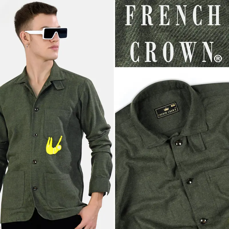 Kombu Green Embroidered Flannel Designer Overshirt 11