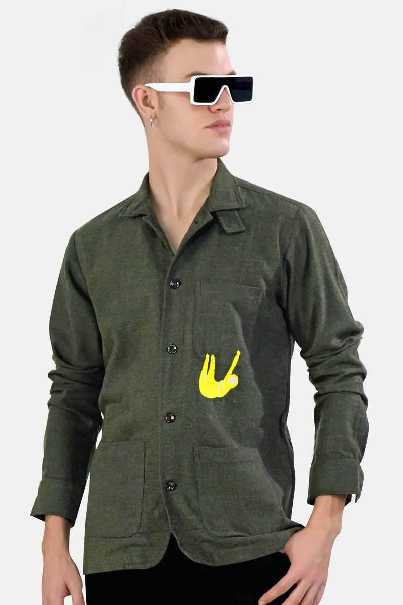 Kombu Green Embroidered Flannel Designer Overshirt 2