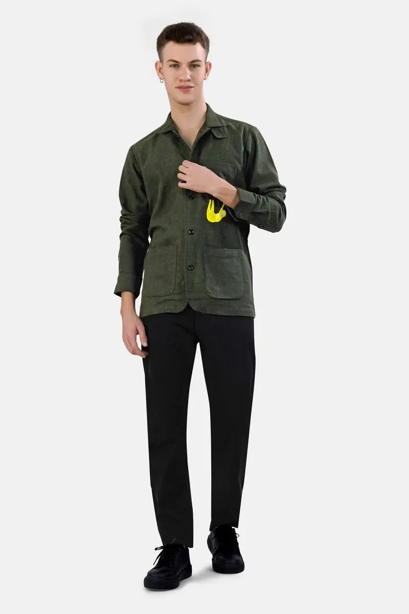 Kombu Green Embroidered Flannel Designer Overshirt 8