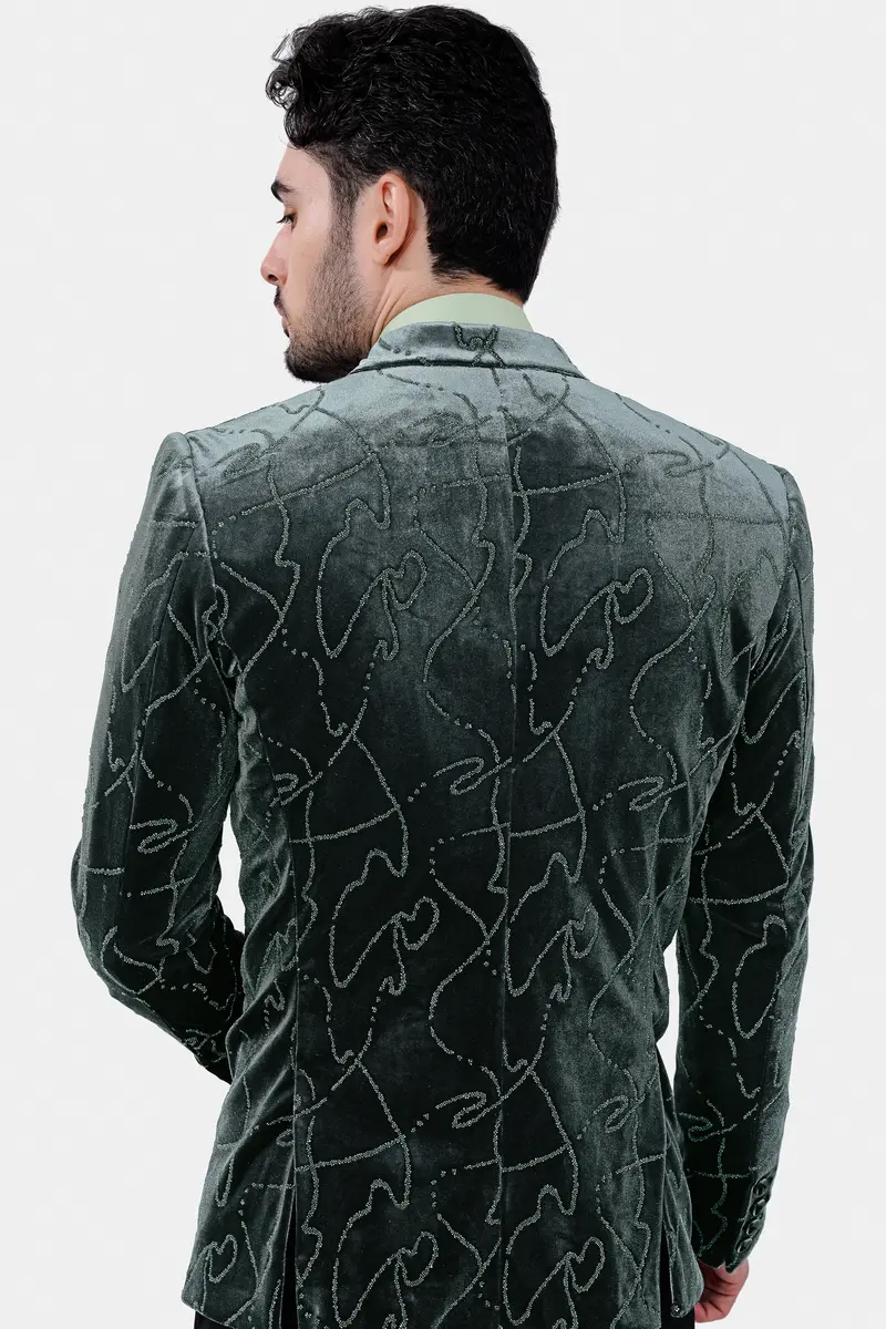 Kombu Green Stonework Velvet Designer Blazer 5