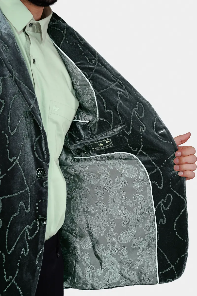 Kombu Green Stonework Velvet Designer Blazer 6