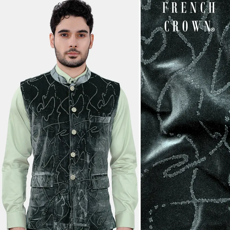 Kombu Green Stonework Velvet Designer Nehru Jacket 1