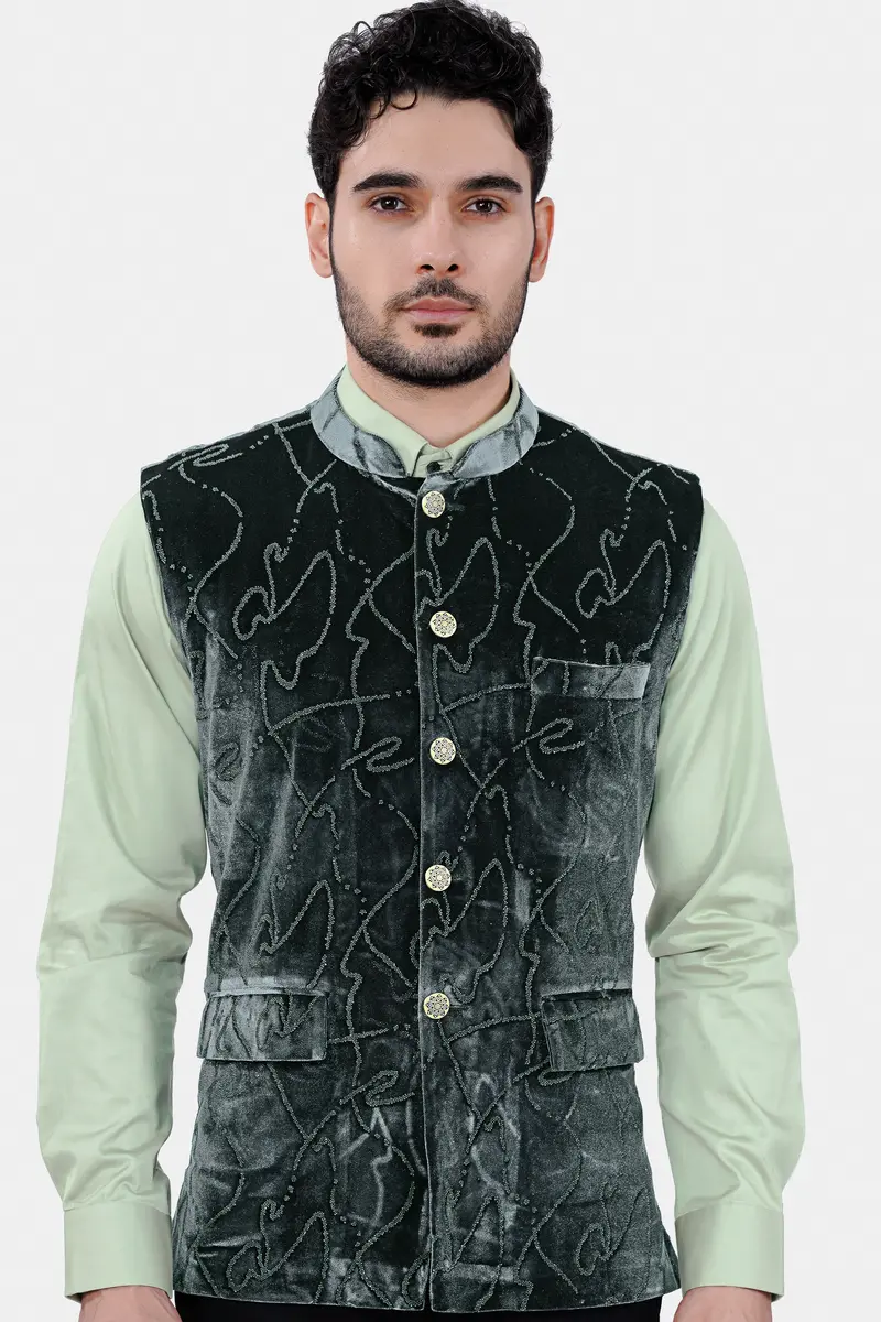 Kombu Green Stonework Velvet Designer Nehru Jacket 2