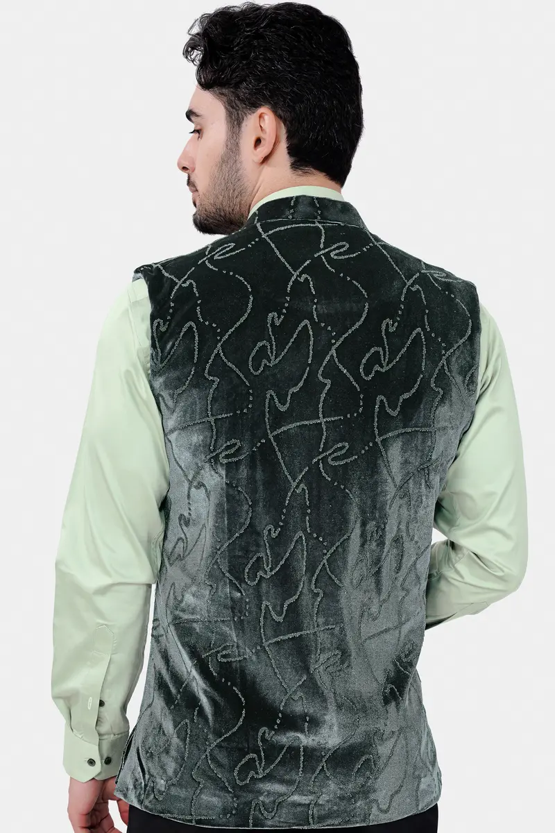 Kombu Green Stonework Velvet Designer Nehru Jacket 4