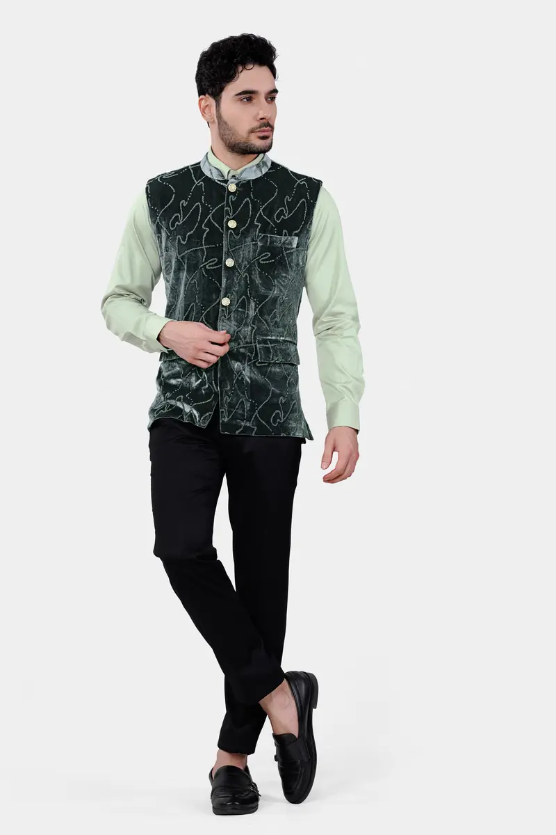 Kombu Green Stonework Velvet Designer Nehru Jacket 5