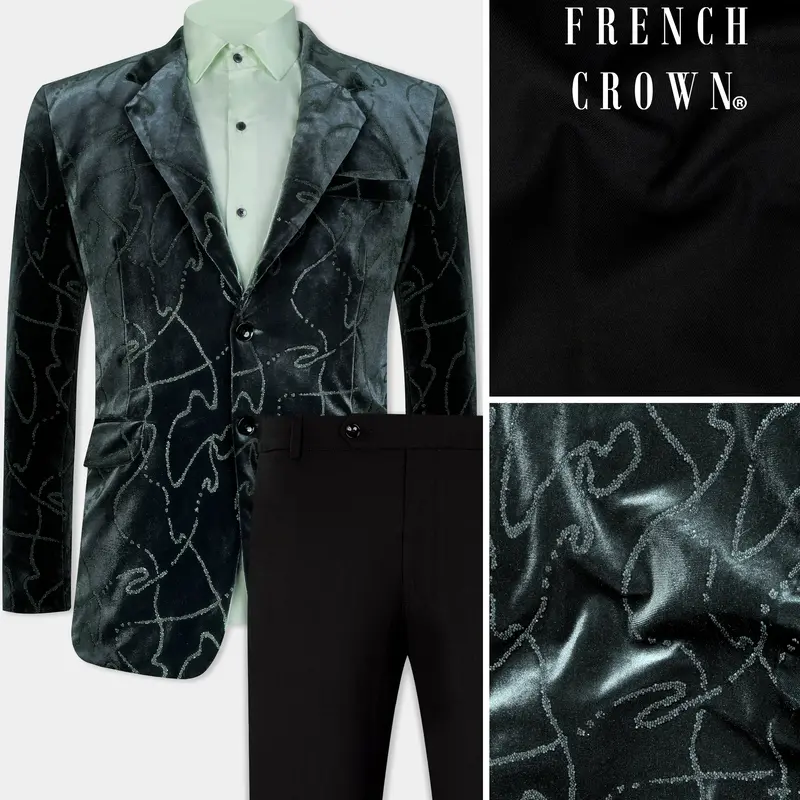 Kombu Green Stonework Velvet Designer Suit 1