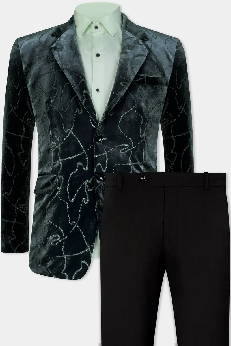 Kombu Green Stonework Velvet Designer Suit 2