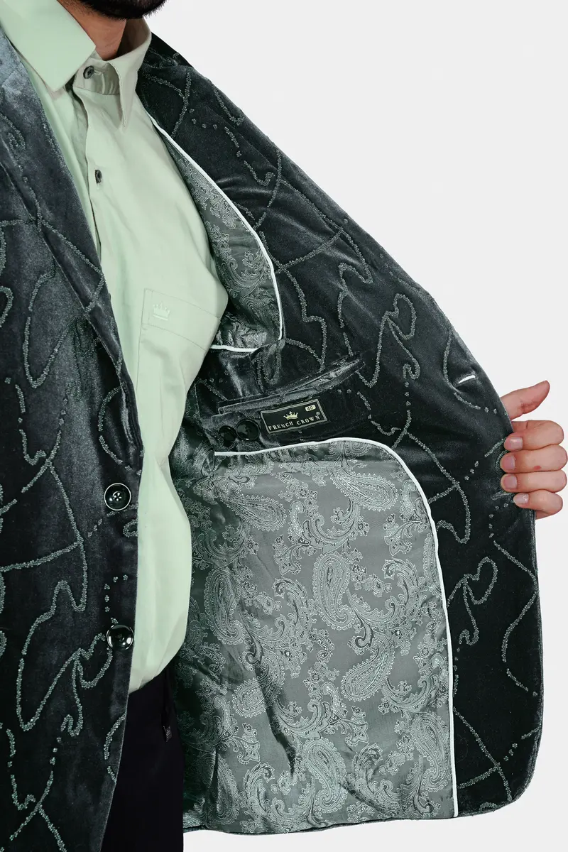 Kombu Green Stonework Velvet Designer Suit 5