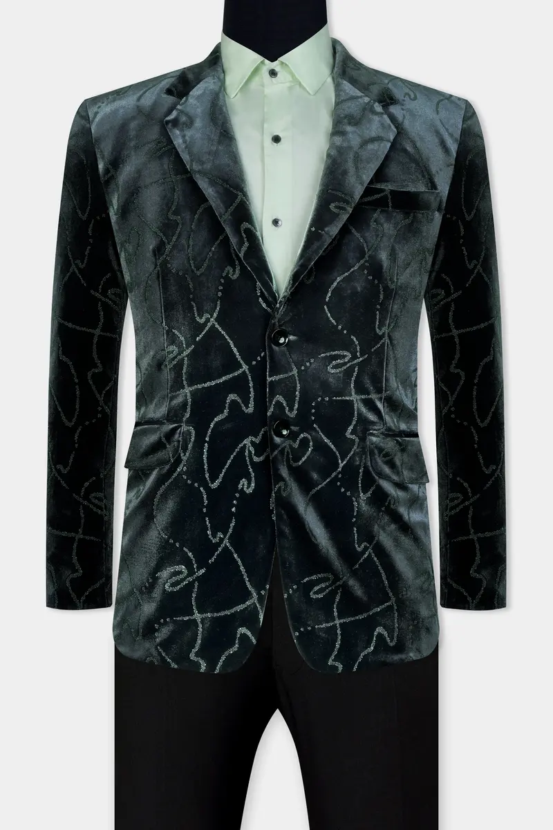 Kombu Green Stonework Velvet Designer Suit 8