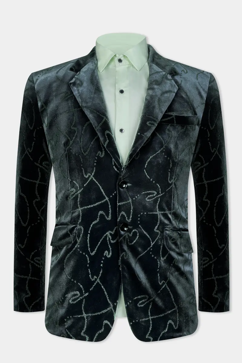 Kombu Green Stonework Velvet Designer Suit 9