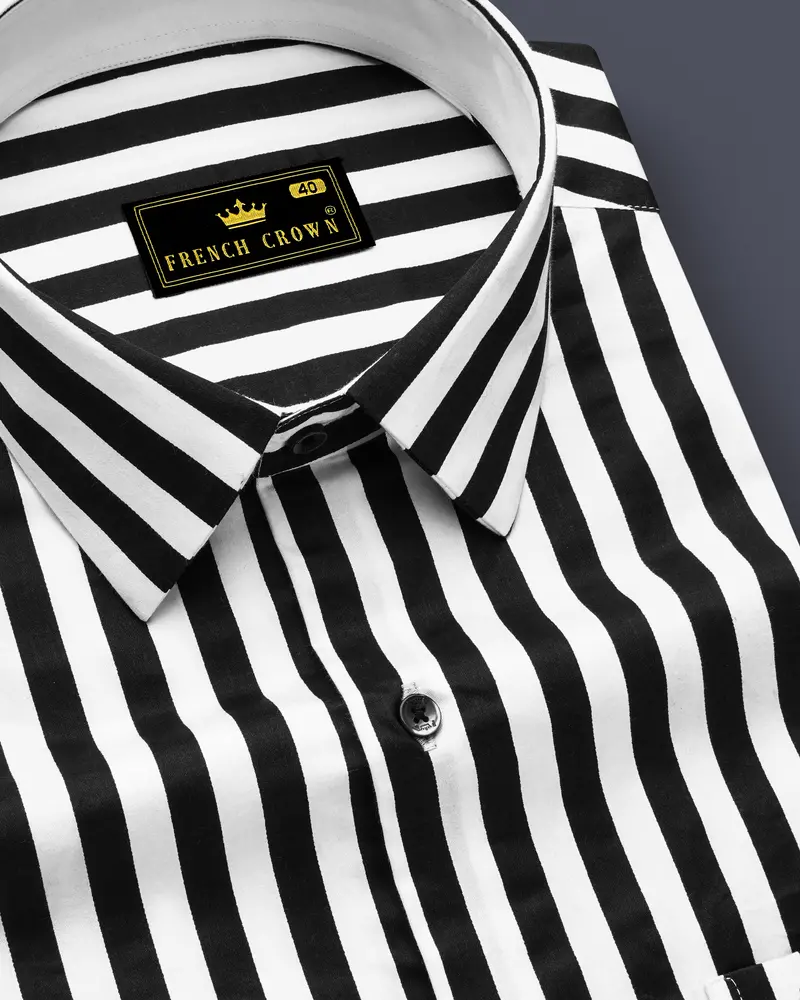 Korean Black And Bright White Stripes Subtle Sheen Super Soft Premium Cotton Shirt 1