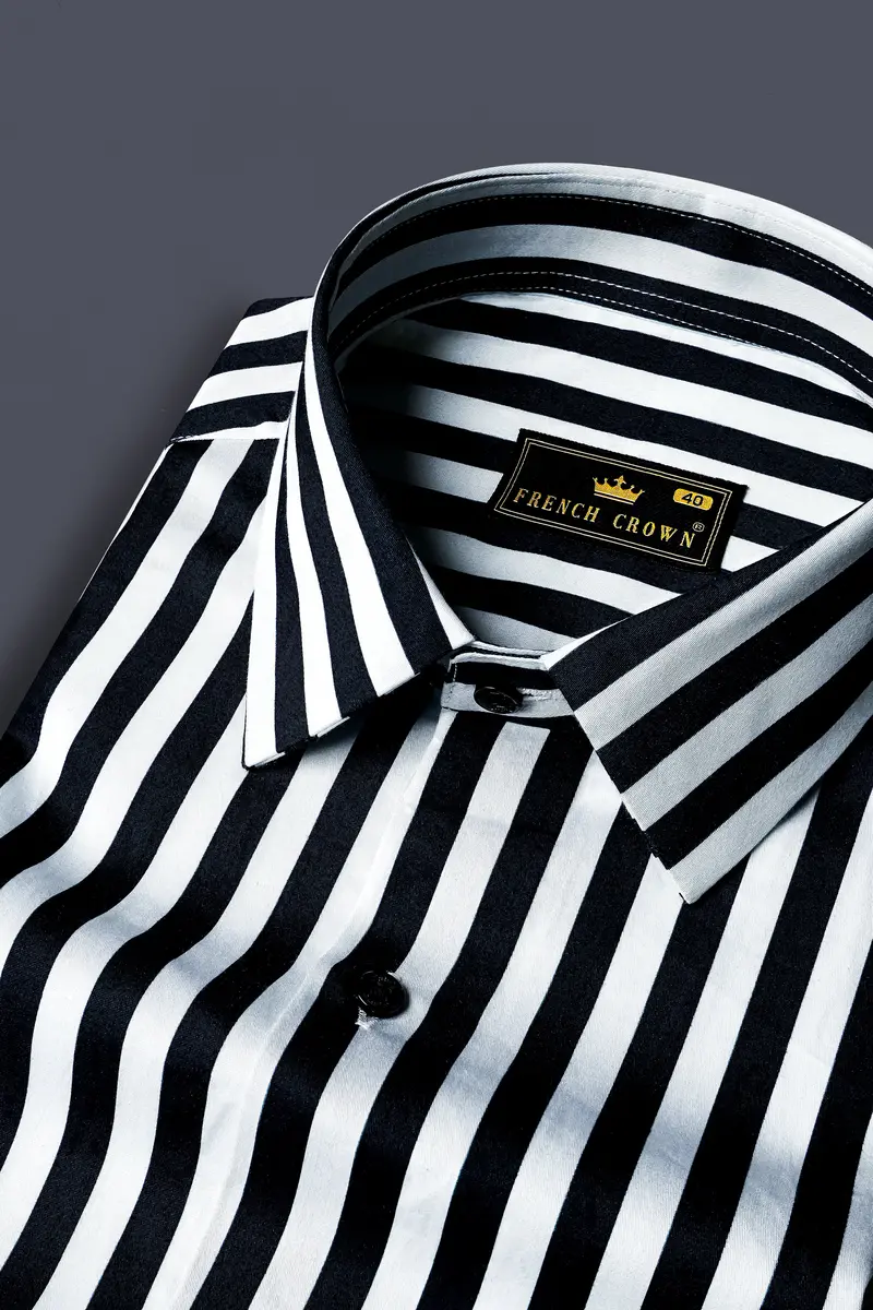 Korean Black And Bright White Stripes Subtle Sheen Super Soft Premium Cotton Shirt 2