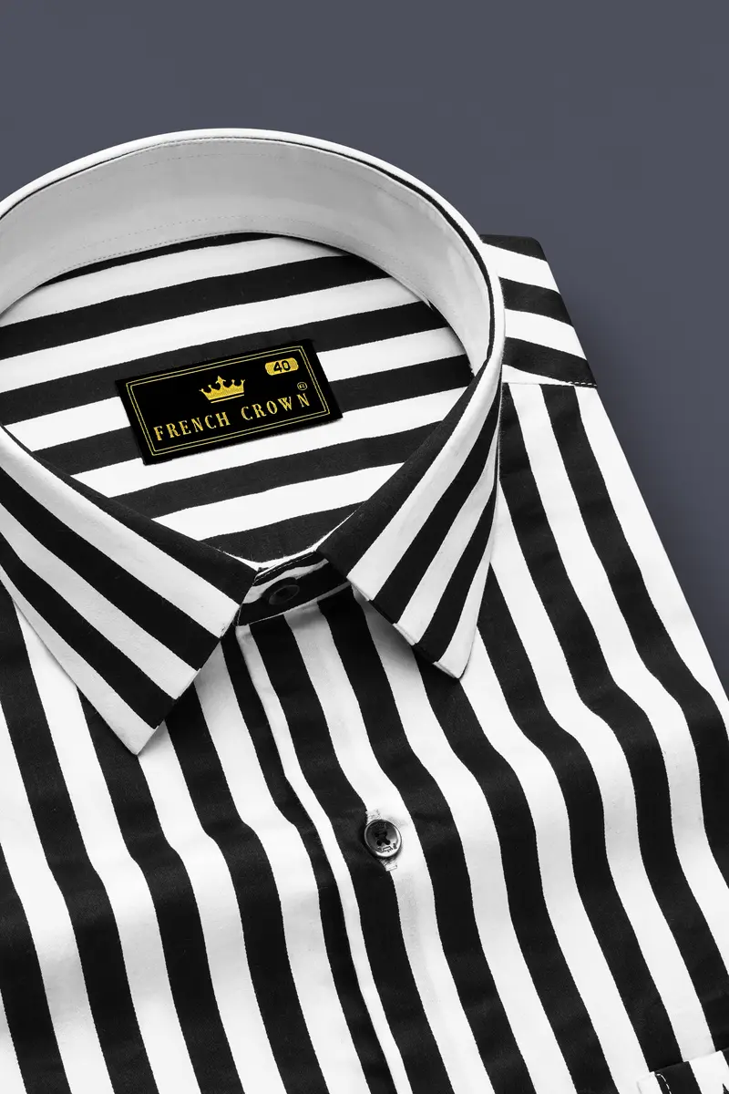 Korean Black And Bright White Stripes Subtle Sheen Super Soft Premium Cotton Shirt 2