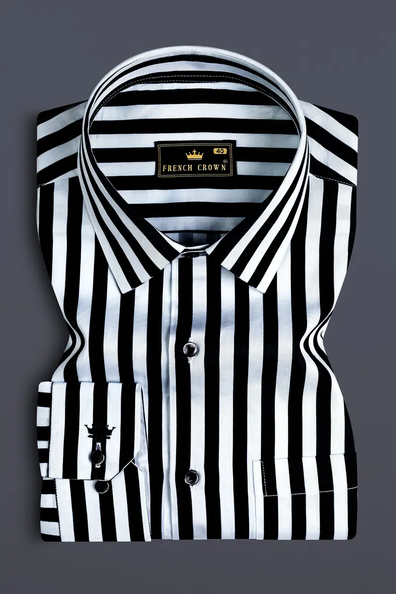 Korean Black And Bright White Stripes Subtle Sheen Super Soft Premium Cotton Shirt 4