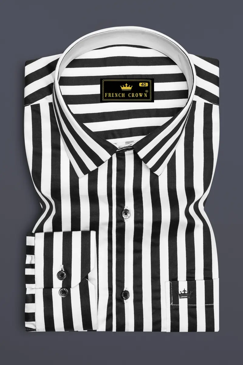 Korean Black And Bright White Stripes Subtle Sheen Super Soft Premium Cotton Shirt 4