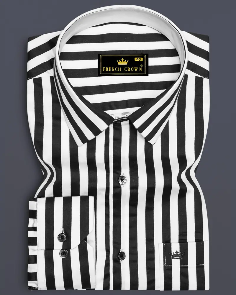 Korean Black And Bright White Stripes Subtle Sheen Super Soft Premium Cotton Shirt 6