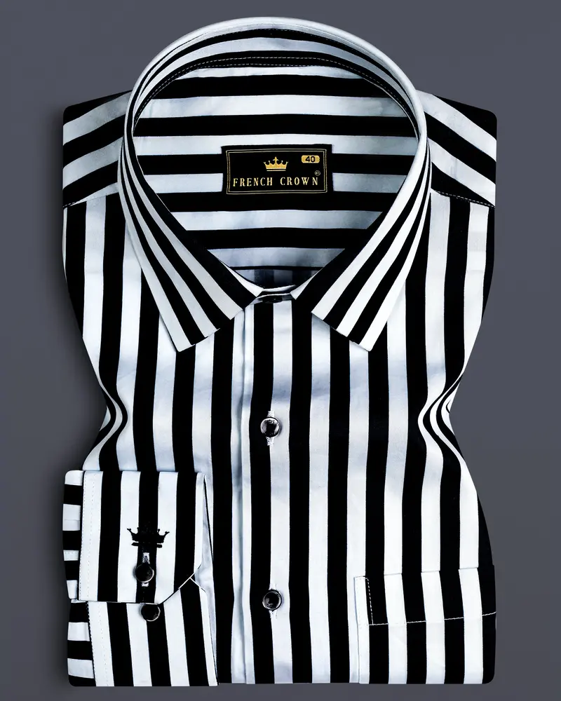 Korean Black And Bright White Stripes Subtle Sheen Super Soft Premium Cotton Shirt 8