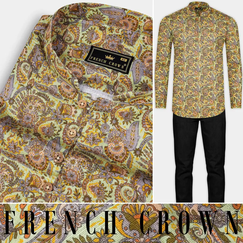 Kumera Brown And Thistle Green Printed Luxurious Linen Kurta Shirt 10